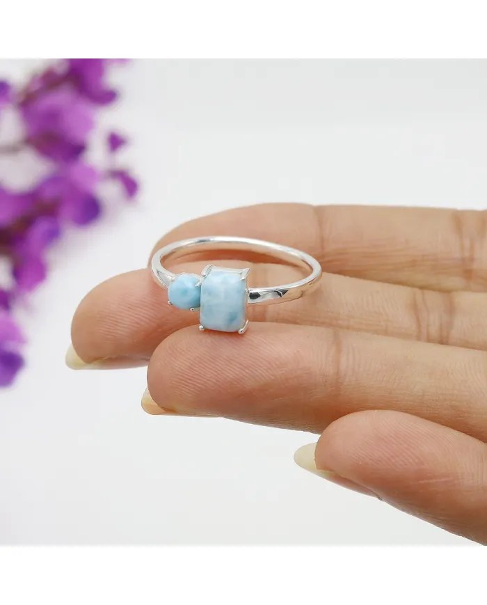 Natural Larimar Ring - Sterling Silver Handmade Statement Ring for Women