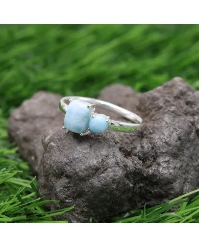 Natural Larimar Ring - Sterling Silver Handmade Statement Ring for Women