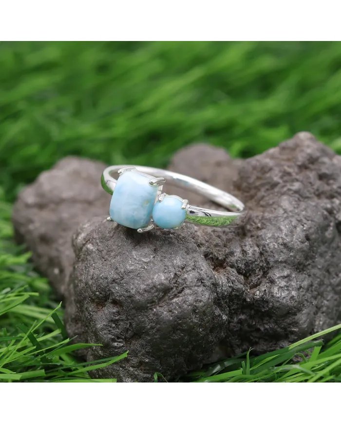 Natural Larimar Ring - Sterling Silver Handmade Statement Ring for Women