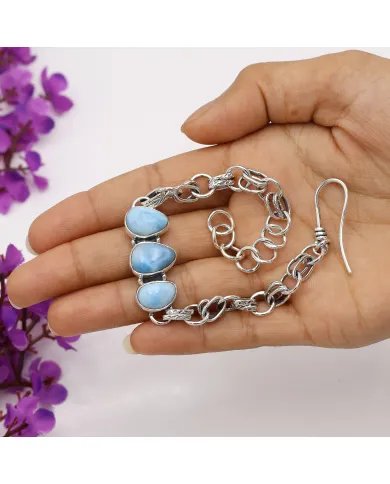 Natural Larimar Bracelet - Sterling Silver Handmade Unique Jewelry