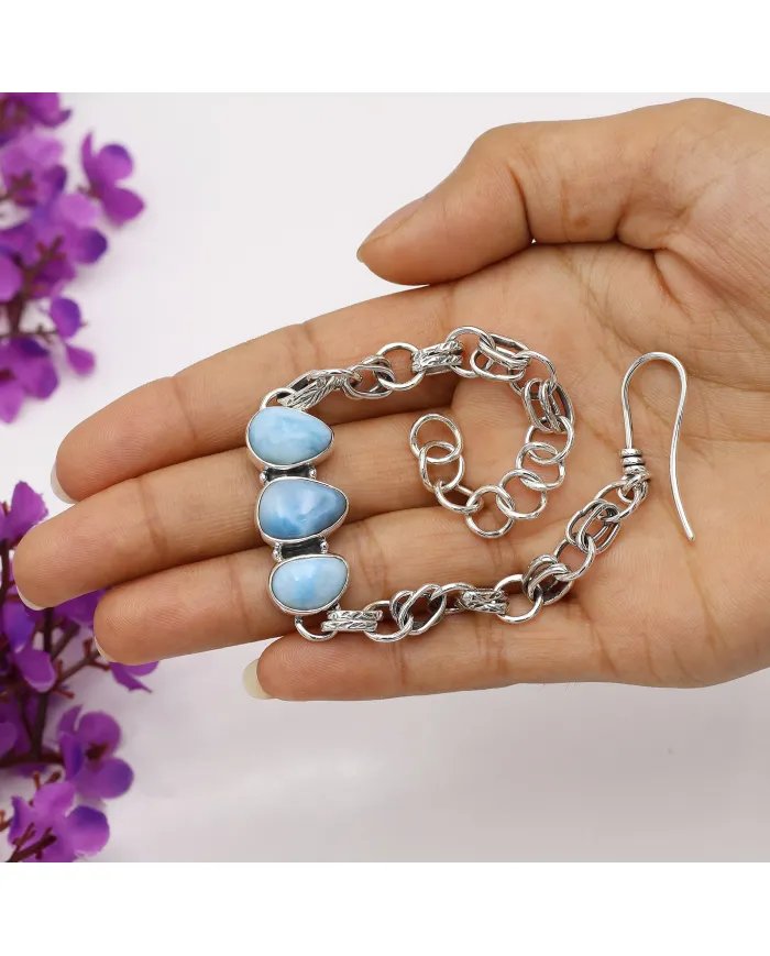 Natural Larimar Bracelet - Sterling Silver Handmade Unique Jewelry