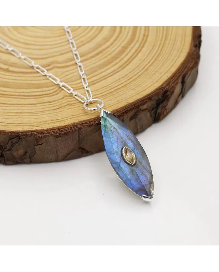 Labradorite Marquise Pendant - Handmade Sterling Silver Citrine Jewelry