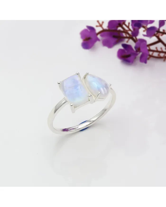 Genuine Moonstone Ring - Sterling Silver Handmade Minimalist Band Ring for Women