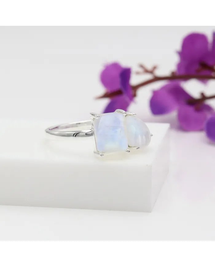 Genuine Moonstone Ring - Sterling Silver Handmade Minimalist Band Ring for Women