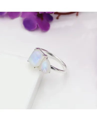 Genuine Moonstone Ring - Sterling Silver Handmade Minimalist Band Ring for Women