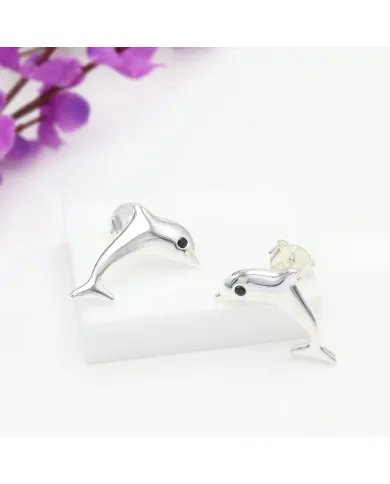 Cute Dolphin Mini Studs – Black Onyx 925 Sterling Silver Antique Finish Earrings