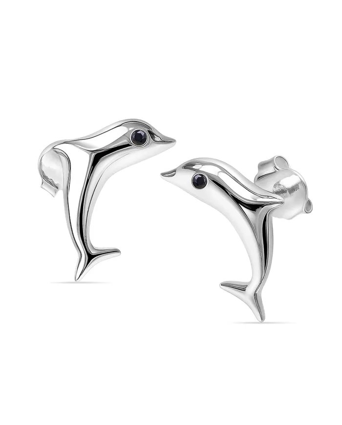 Cute Dolphin Mini Studs – Black Onyx 925 Sterling Silver Antique Finish Earrings
