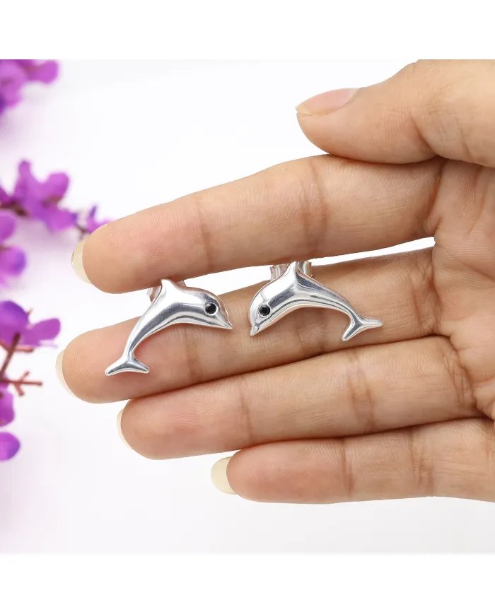 Cute Dolphin Mini Studs – Black Onyx 925 Sterling Silver Antique Finish Earrings