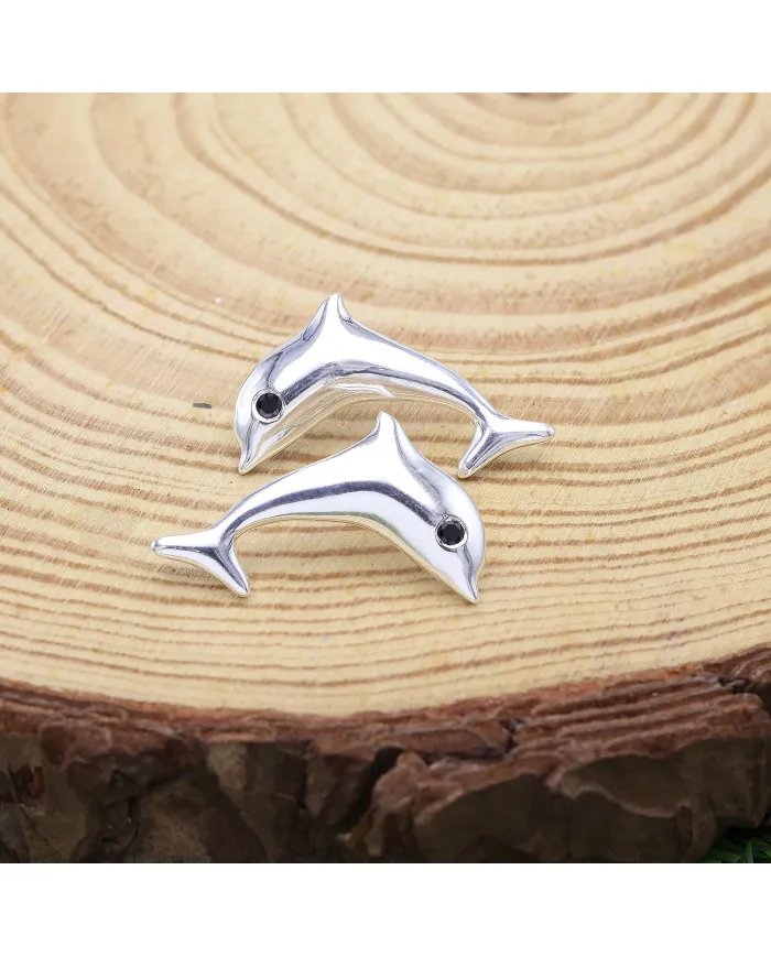 Cute Dolphin Mini Studs – Black Onyx 925 Sterling Silver Antique Finish Earrings