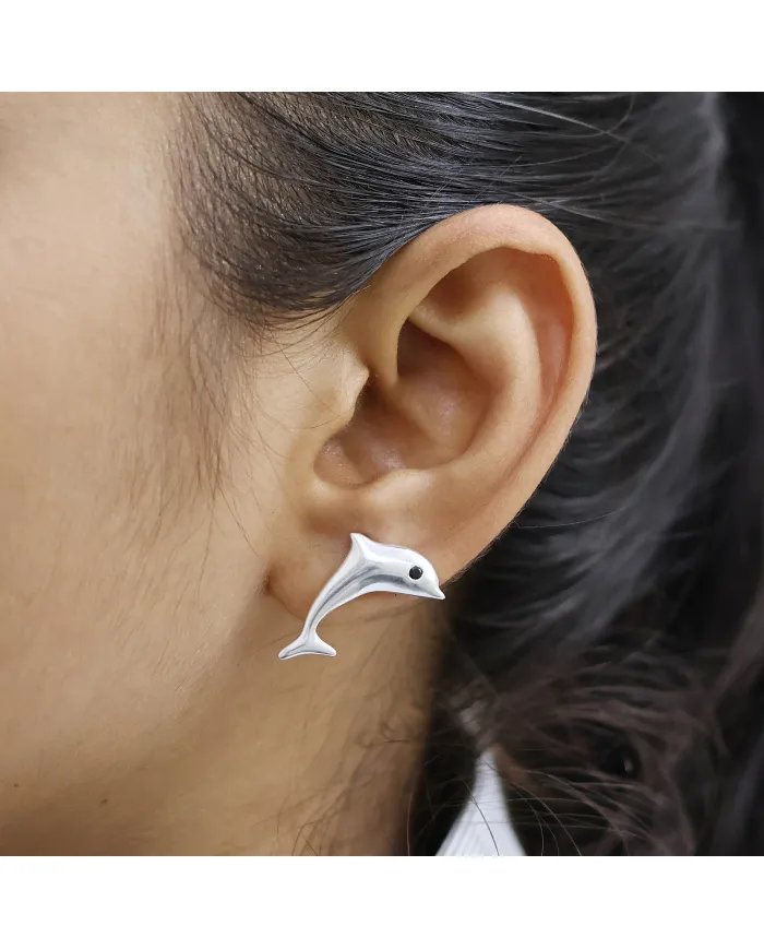 Cute Dolphin Mini Studs – Black Onyx 925 Sterling Silver Antique Finish Earrings