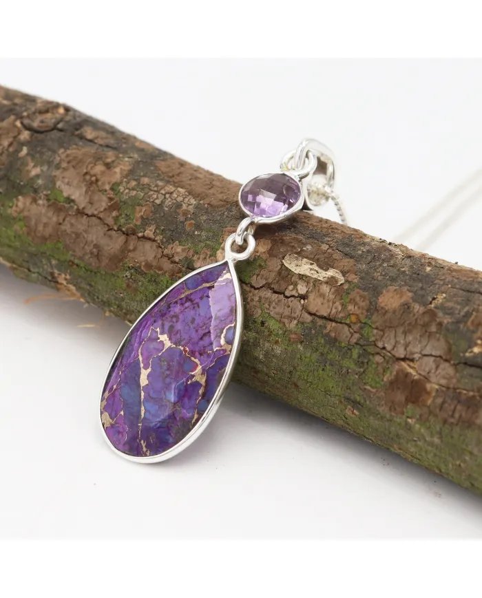 Purple Copper Turquoise & Amethyst Necklace – 925 Solid Silver Jewelry