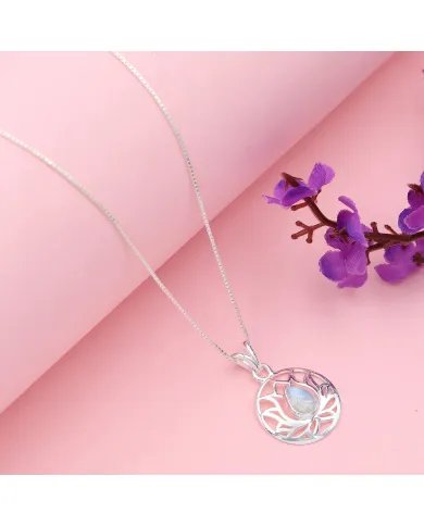 Lotus Rainbow Moonstone Pendant Necklace – 925 Sterling Silver Handmade Jewelry for Women