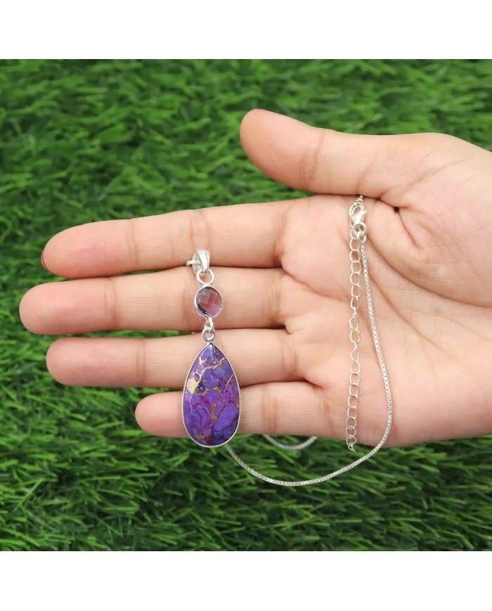 Purple Copper Turquoise & Amethyst Necklace – 925 Solid Silver Jewelry