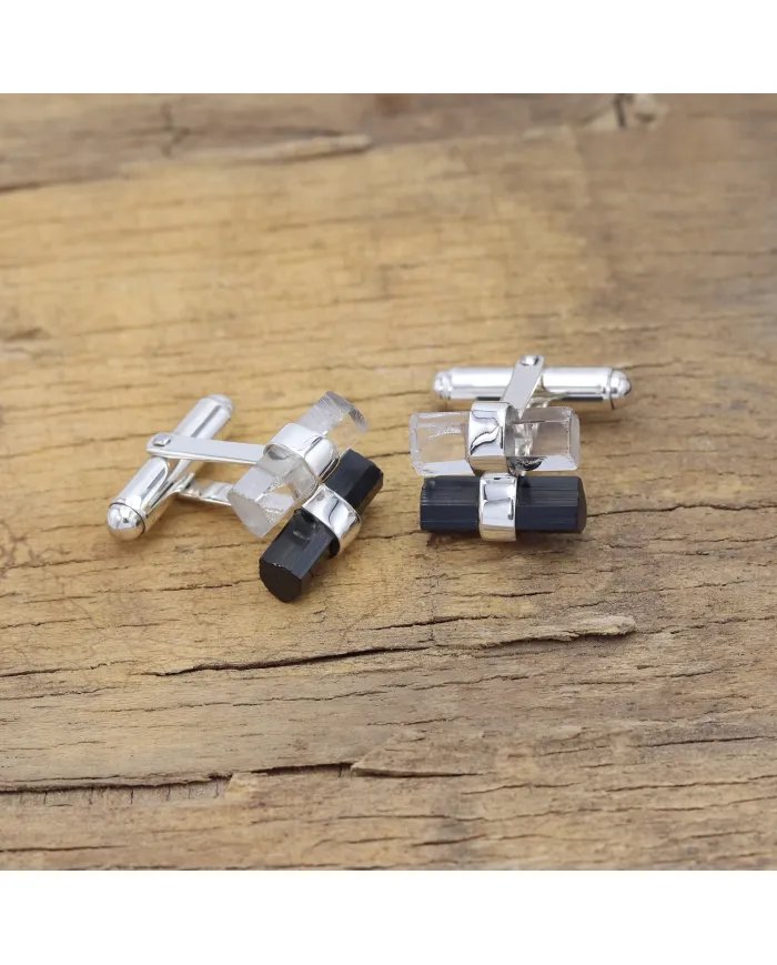 Black Tourmaline & Lemurian Quartz Men's Cufflinks - 925 Silver Jewelry