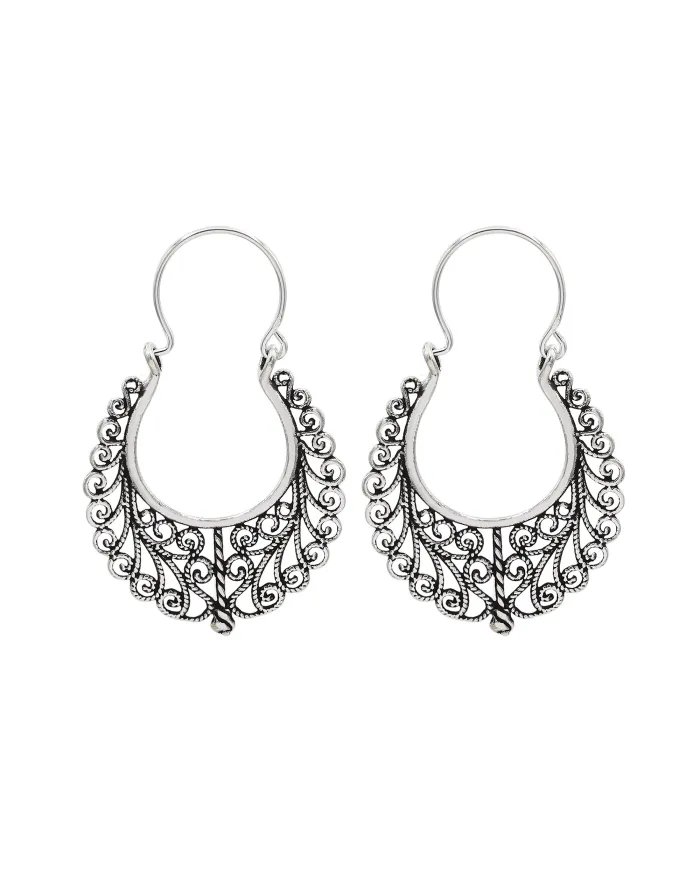 Filigree Oxidized Hoop Earrings - 925 Silver Boho Style Jewelry for Women