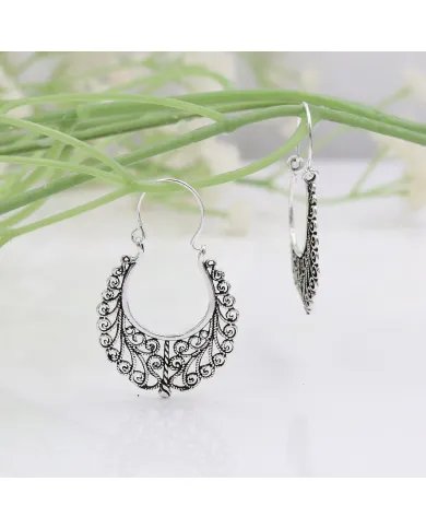 Filigree Oxidized Hoop Earrings - 925 Silver Boho Style Jewelry for Women