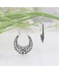 Filigree Oxidized Hoop Earrings - 925 Silver Boho Style Jewelry for Women