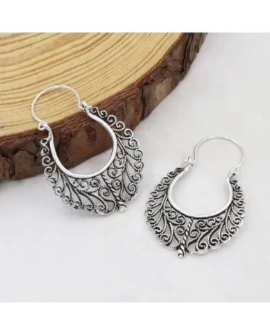 Filigree Oxidized Hoop Earrings - 925 Silver Boho Style Jewelry for Women