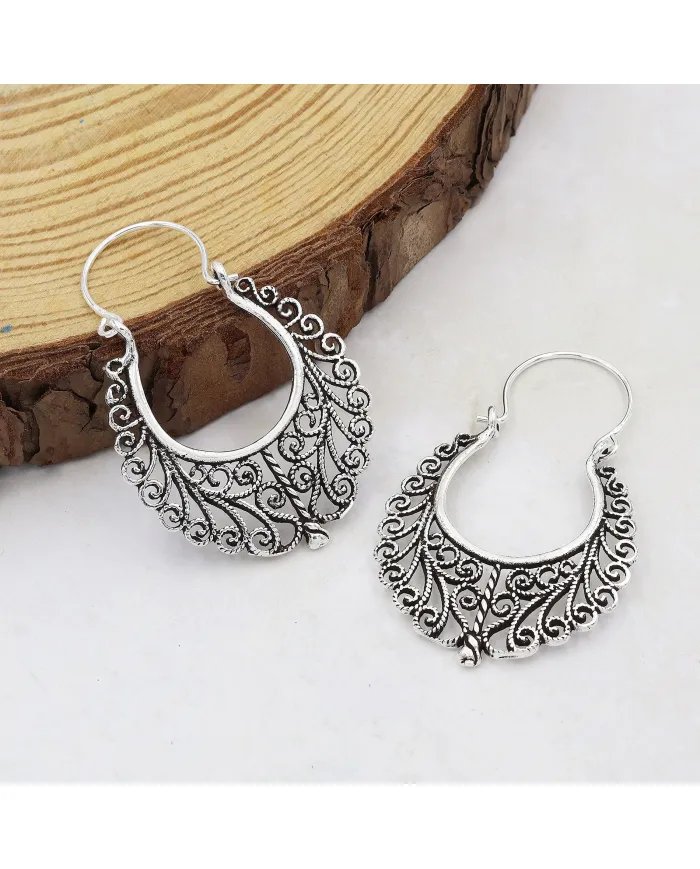 Filigree Oxidized Hoop Earrings - 925 Silver Boho Style Jewelry for Women
