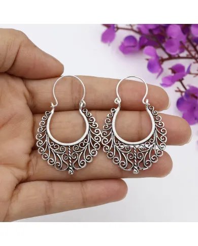 Filigree Oxidized Hoop Earrings - 925 Silver Boho Style Jewelry for Women