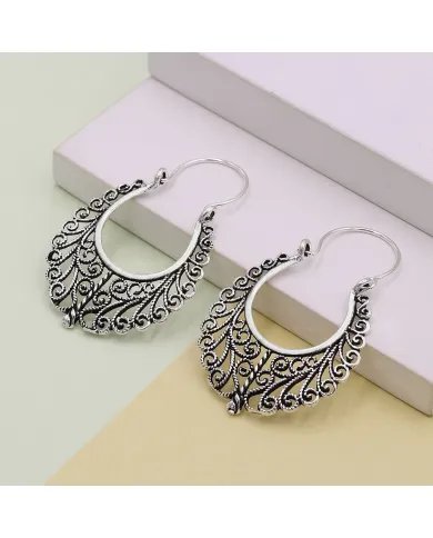 Filigree Oxidized Hoop Earrings - 925 Silver Boho Style Jewelry for Women