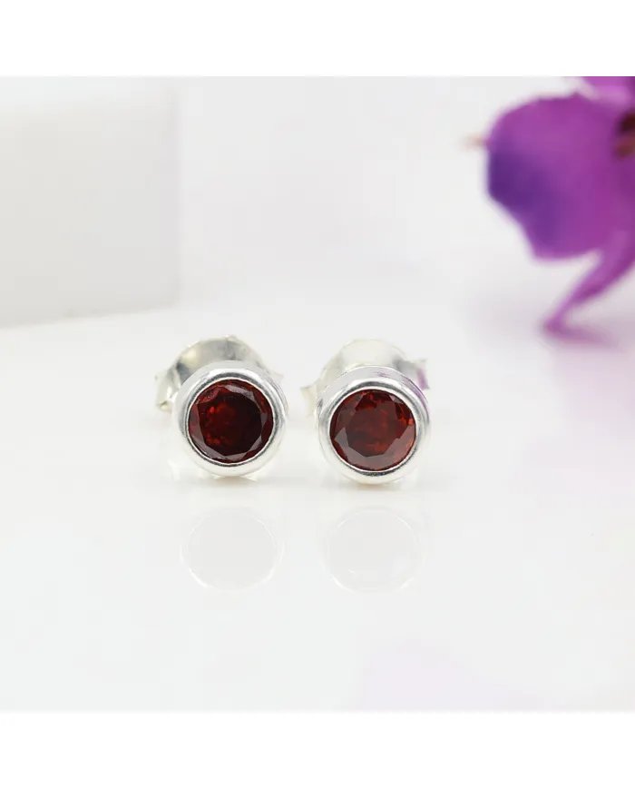 Garnet Stud Earrings - 925 Sterling Silver Minimalist Handmade Jewelry