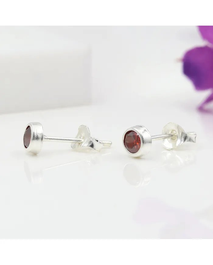 Garnet Stud Earrings - 925 Sterling Silver Minimalist Handmade Jewelry