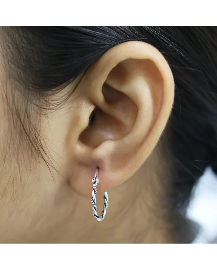 Twisted Oxidized Hoop Earrings - 925 Sterling Silver Handmade Jewelry for Women