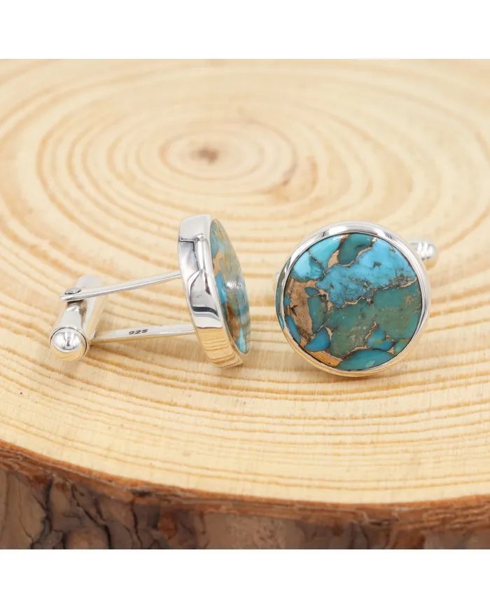 Blue Copper Turquoise Men's Studs - 925 Sterling Silver Handmade Cufflinks