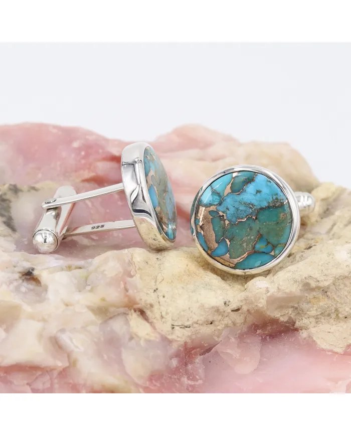 Blue Copper Turquoise Men's Studs - 925 Sterling Silver Handmade Cufflinks