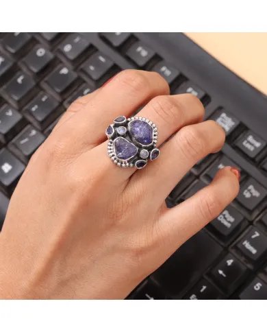 Raw Tanzanite Ring & Iolite Ring - Sterling Silver Moonstone Ring Statement Ring Boho Handmade Ring