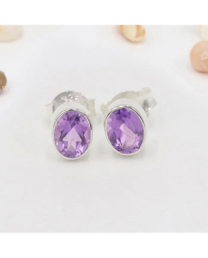 Amethyst Stud Earrings - Handmade 925 Sterling Silver Jewelry