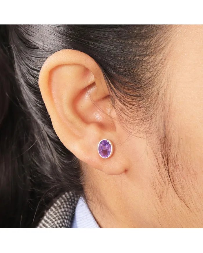 Amethyst Stud Earrings - Handmade 925 Sterling Silver Jewelry