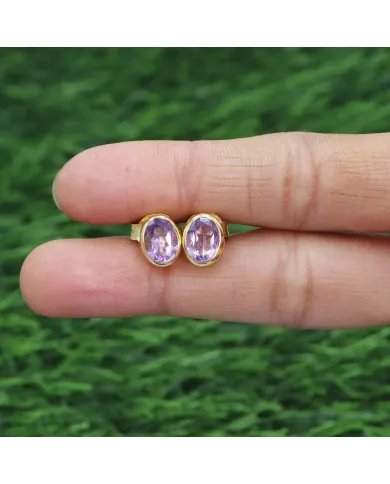 Amethyst Stud Earrings - 925 Sterling Silver Gold Plated Handmade Jewelry