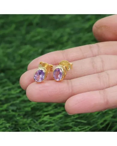 Amethyst Stud Earrings - 925 Sterling Silver Gold Plated Handmade Jewelry