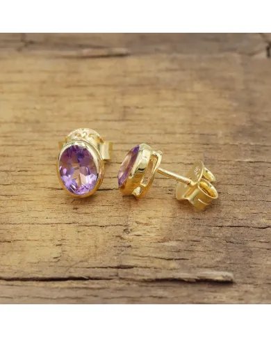 Amethyst Stud Earrings - 925 Sterling Silver Gold Plated Handmade Jewelry