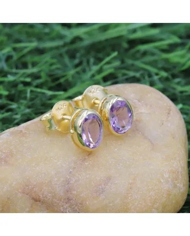 Amethyst Stud Earrings - 925 Sterling Silver Gold Plated Handmade Jewelry