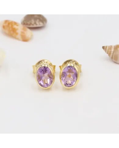 Amethyst Stud Earrings - 925 Sterling Silver Gold Plated Handmade Jewelry