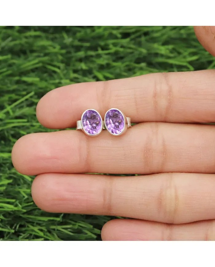 Amethyst Stud Earrings - Handmade 925 Sterling Silver Jewelry