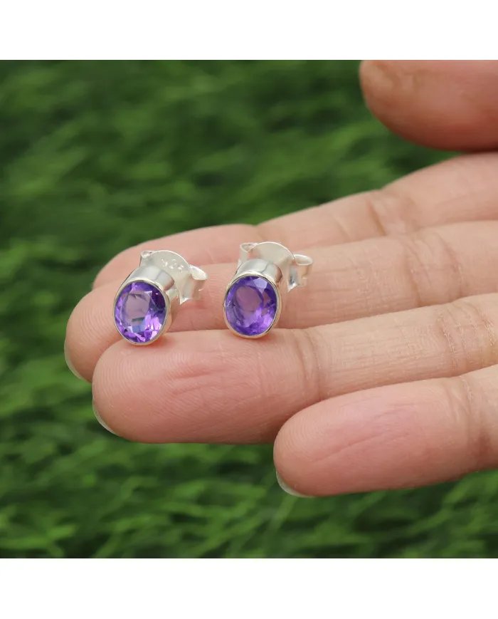 Amethyst Stud Earrings - 925 Sterling Silver Handmade Jewelry for her