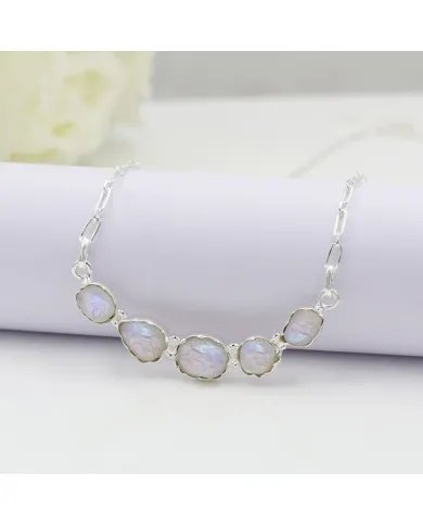 Rainbow Moonstone Necklace 925 Sterling Silver Raw Gemstone Jewelry for Her