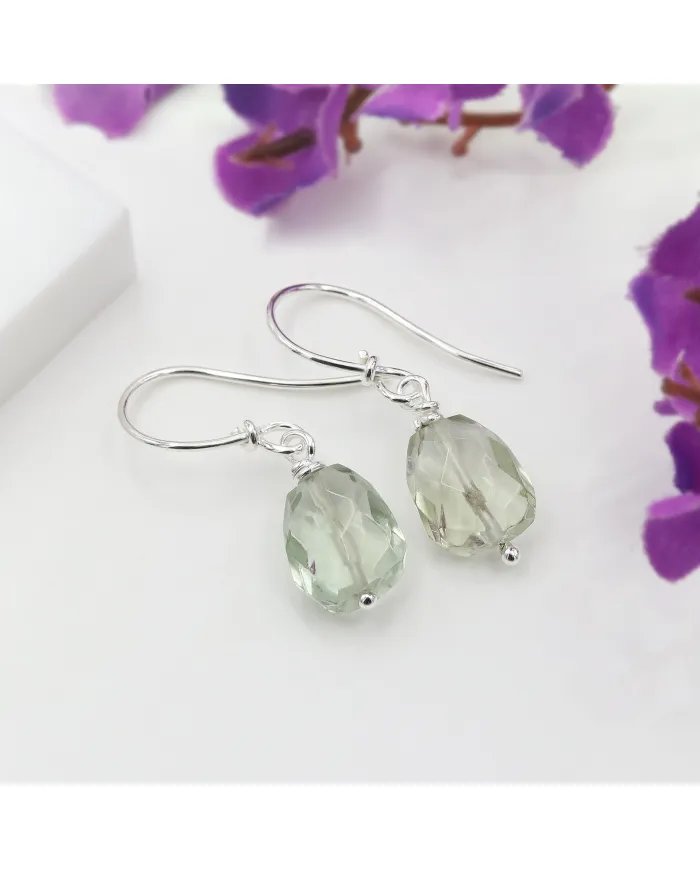 Green Amethyst Earrings in 925 Sterling Silver Hook Handmade Jewelry