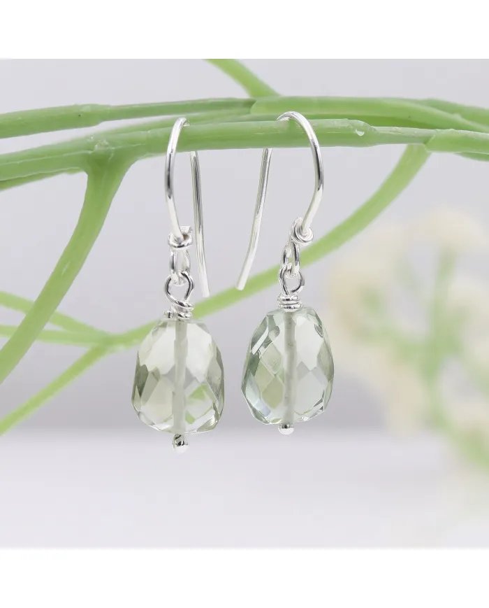 Green Amethyst Earrings in 925 Sterling Silver Hook Handmade Jewelry