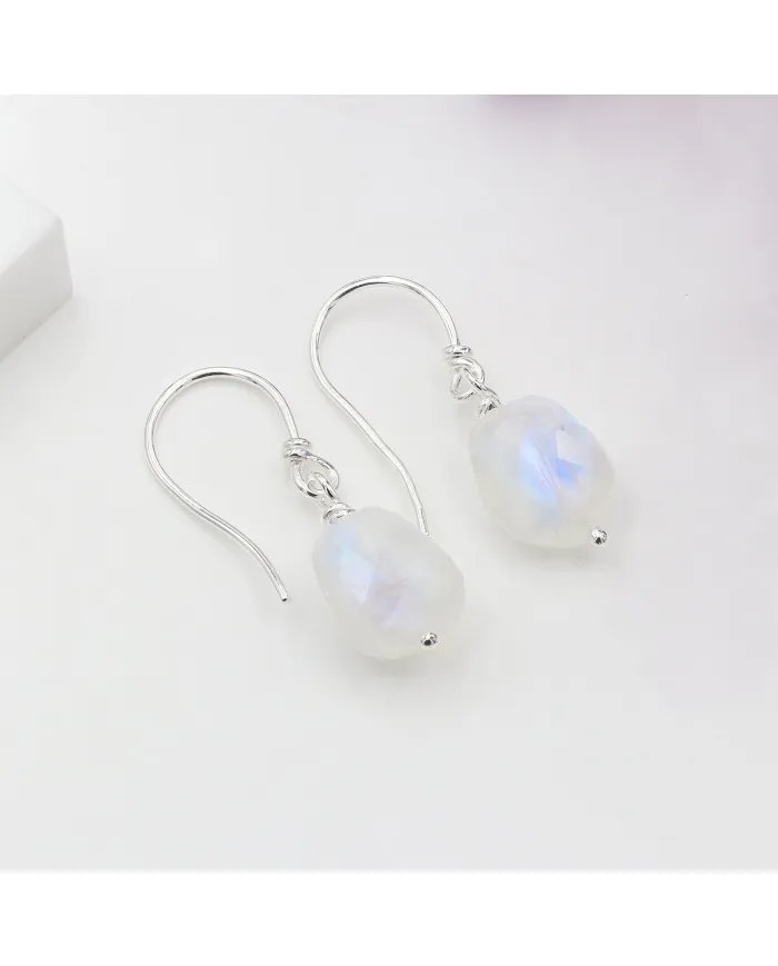 Rainbow Moonstone Hook Earrings in 925 Sterling Silver - Handmade Gemstone Jewelry