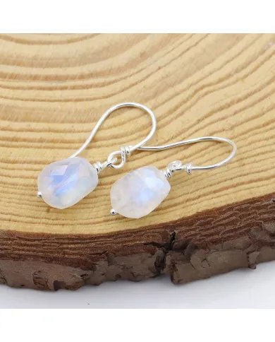 Rainbow Moonstone Hook Earrings in 925 Sterling Silver - Handmade Gemstone Jewelry