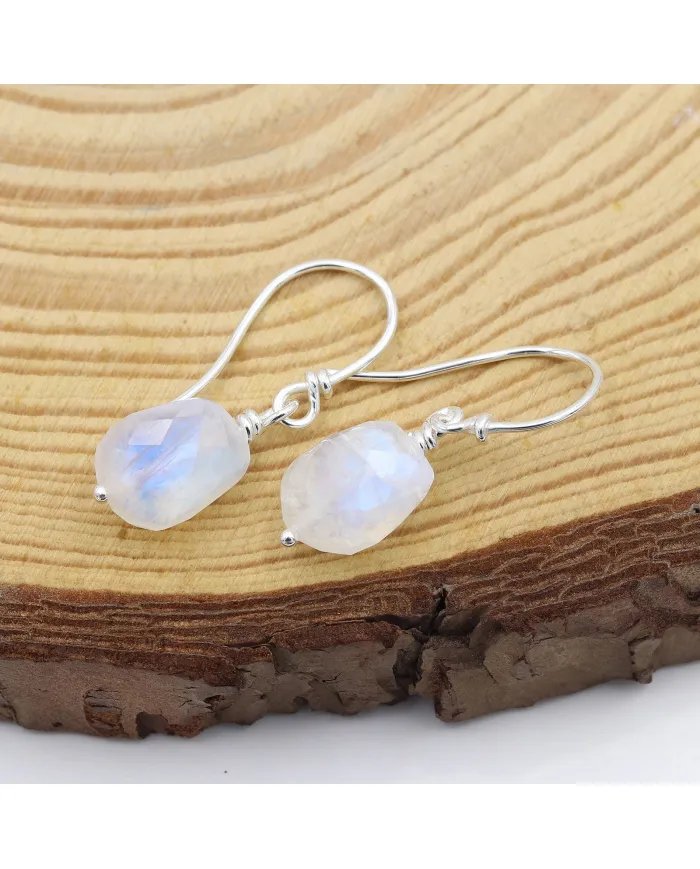 Rainbow Moonstone Hook Earrings in 925 Sterling Silver - Handmade Gemstone Jewelry
