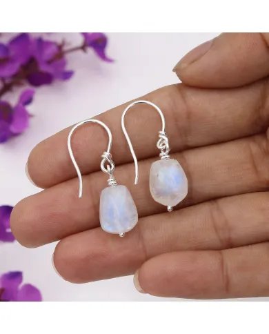 Rainbow Moonstone Hook Earrings in 925 Sterling Silver - Handmade Gemstone Jewelry