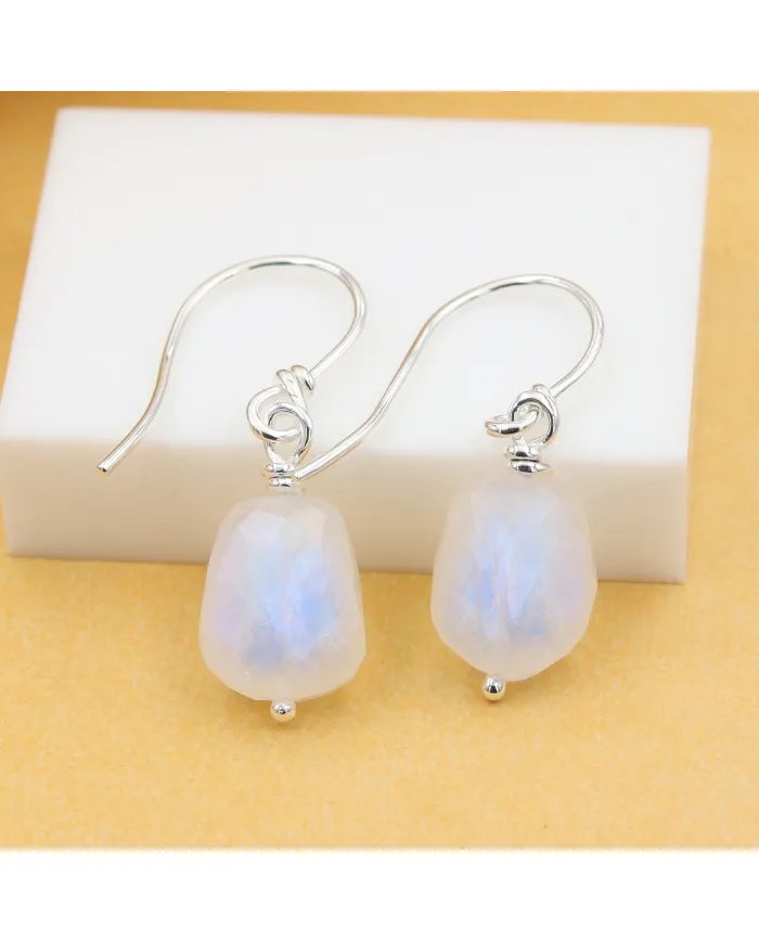 Rainbow Moonstone Hook Earrings in 925 Sterling Silver - Handmade Gemstone Jewelry