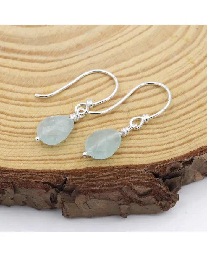 Aquamarine Hook Earrings in 925 Sterling Silver – Handmade Gemstone Jewelry March Birthstone