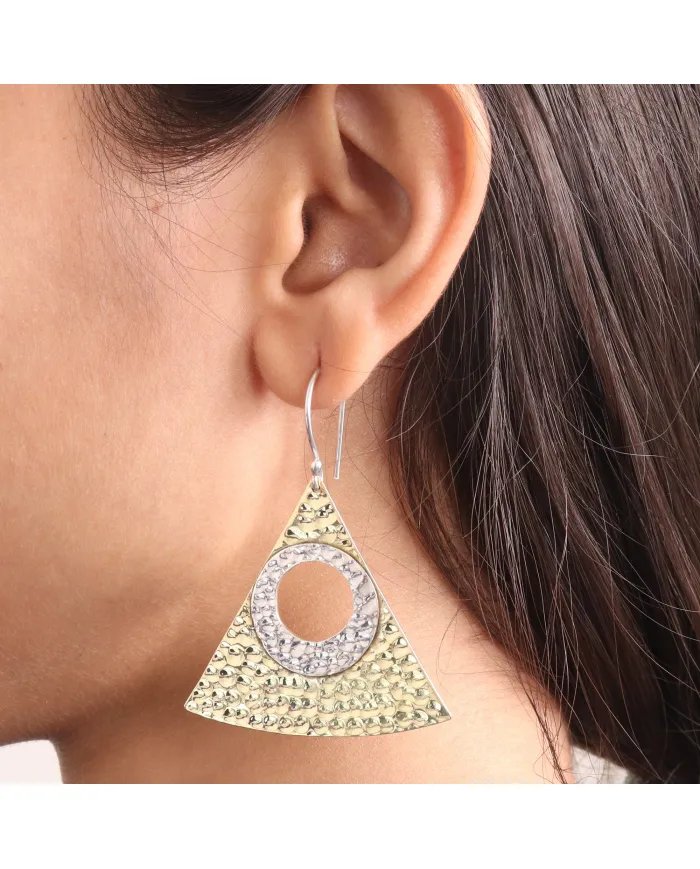 Women's Two-Tone Dangle Earrings Silver & Brass with Textured Finish Jewelry